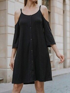Zenana Outfitters Black Cold Shoulder Buttoned Dress Womens Size Medium Casual